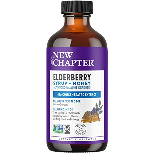 New Chapter Elderberry Syrup, 24 Servings, Immune Defense for Adults & Kids (2+), 64x Concentrated Black Elderberry + Throat-Soothing Grade A Honey,