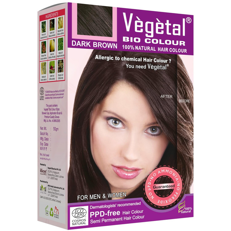 Vegetal Bio Colour Dark Brown 150g, 100% Herbal and Organic Hair Color, Ammonia-Free, PPD-Free, Semi-Permanent Dye for Men and Women, Protects UV and