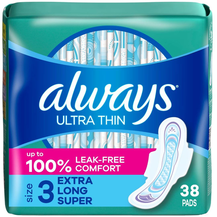 Always Ultra Thin Feminine Pads For Women, Size 3 Extra Long Super Absorbency, With Wings, Unscented, 38 Count