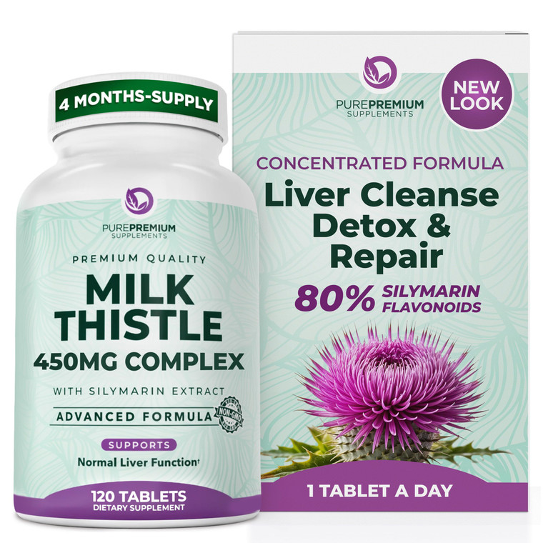 PurePremium Milk Thistle Supplement  Liver Cleanse Detox & Repair, 80% Silymarin Standardized Extract  450mg Complex Supports Normal Liver Function