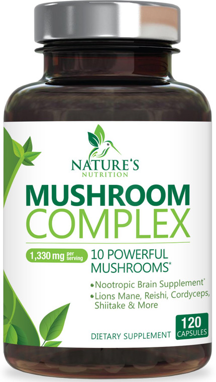 Mushroom Brain Supplement 1330 mg - 10 in 1 High Strength Mushroom Complex with Lions Mane, Turkey Tail, Reishi, Cordyceps, Chaga & Brain Nootropic C