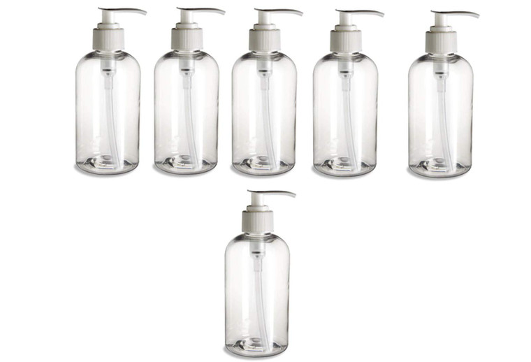 Natural Farms 6 pack- 8 oz Clear PET Boston Round Plastic Bottle with White Pump- Made in the USA