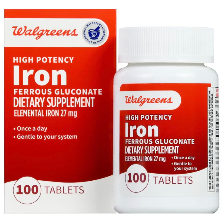 Walgreens High Potency Iron Ferrous Gluconate 27mg, Tablets, 100 ea