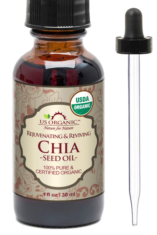 US Organic Chia Seed Oil, Certified Organic, Pure & Natural, Cold Pressed Virgin, Unrefined, Sourced from Paraguay, in Amber Glass Bottle w/Glass Eye