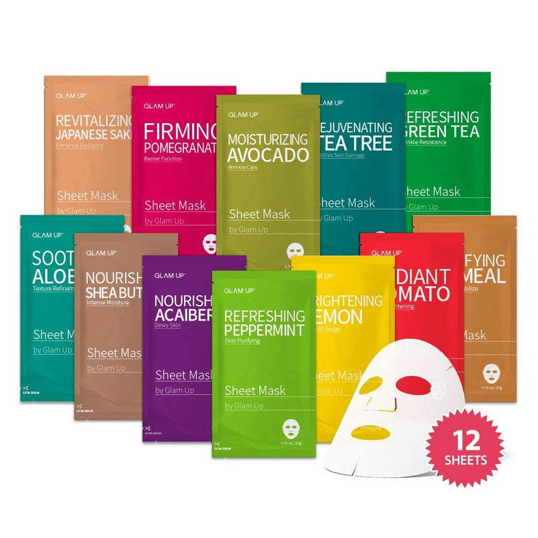GLAM UP Korean Facial Sheet Mask 12 Combo Pack | Hydrating & Moisturizing Face Mask for Glass Skin | Soothing Korean Skincare for Sensitive, Dry Skin