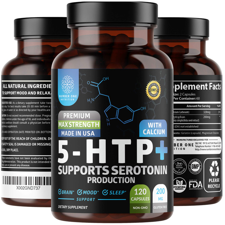 N1N Premium 5-HTP 200mg Plus Calcium, Made from Griffonia Seed Extract, Non GMO and Gluten Free, 120 Caps