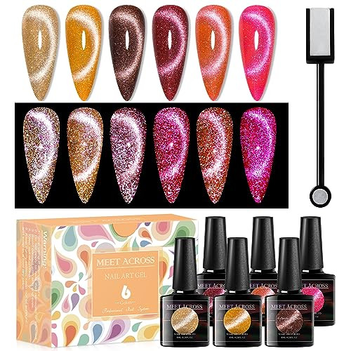 MEET ACROSS Ice Cat Eye Gel Nail Polish Set Magnetic Cat Eye Gel Nail Polish Set Soak Off UV LED Light Starry Sky Effect Magic Nail Polish Kit Manicu