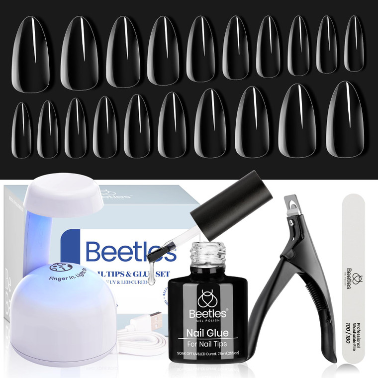 Beetles Gel Nail Kit Almond Nail Tips Easy Nail Extension Set 9 In 1 Nail Glue Gel with Pre shaped Medium Almond Nail Tips & UV Nail Lamp Acrylic Nai