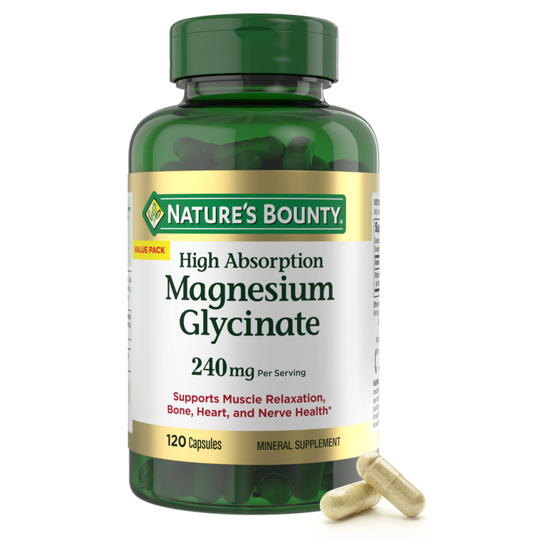 Natures Bounty High Absorption Magnesium Glycinate 240 mg for Supporting Muscle Relaxation and Bone, Heart & Nerve Health  Non-GMO, Gluten-Free, Ve