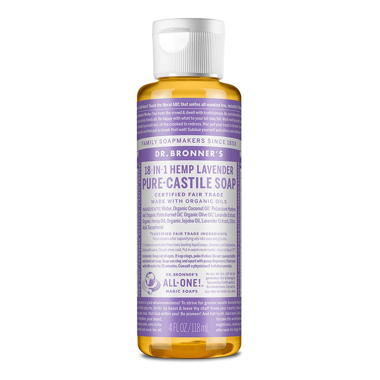 Dr. Bronner's - Pure-Castile Liquid Soap (Lavender, 4 ounce) - Made with Organic Oils, 18-in-1 Uses: Face, Body, Hair, Laundry, Pets and Dishes, Conc