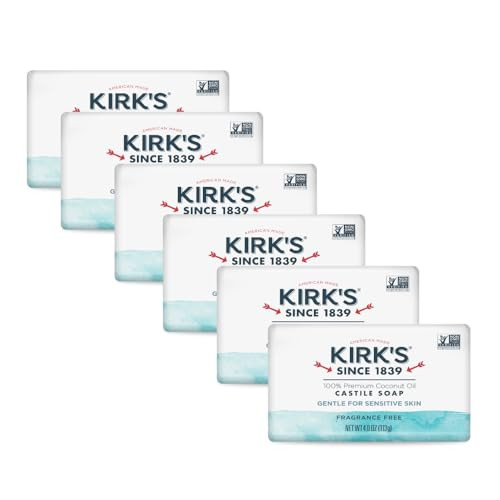 Kirk's Castile Bar Soap for Men, Women & Children - Made with Premium Coconut Oil, Sensitive Skin Formula- Vegan & Non GMO- Fragrance Free- 4 oz. Bar