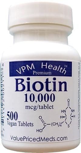 HealthyNaturally Biotin 10,000 mcg (500 Tablets) for Hair Growth, Skin, Strong Nails, biotin 10mg