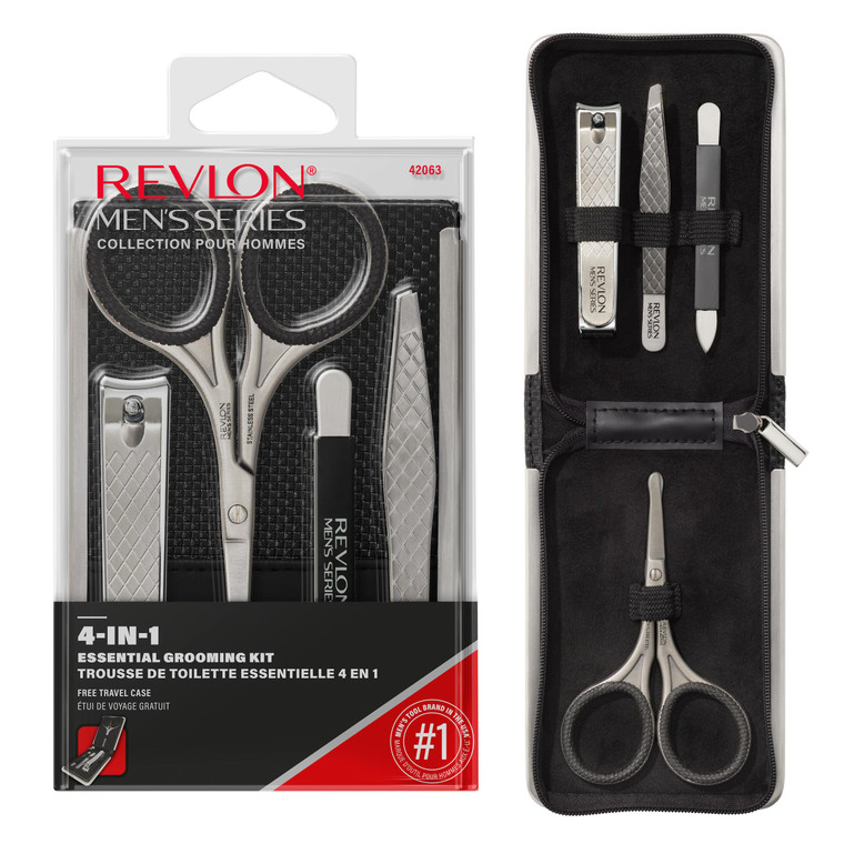 Revlon Men's Grooming Kit, 5-Piece Travel Essentials Set, Includes Nail Clippers, Scissors, File, Tweezers and Carrying Case, Stainless Steel, 1 coun