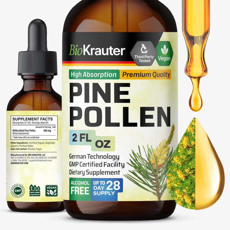 BIO KRAUTER® Pine Pollen for Men's Support - Pure & Vegan Pine Pollen Tincture 685 mg per Serving 2 Fl.Oz 28-Day Supply - Immune Support Supplement &