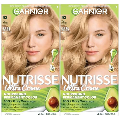 Garnier Nutrisse Ultra Crème Hair Color, Permanent Hair Dye with 100% Gray Coverage, Vegan & Cruelty-Free, 93 Light Golden Blonde (Honey Butter), 2 C