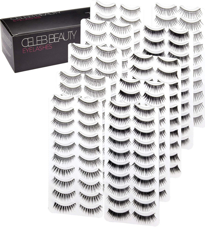 Celeb Beauty Eyelash Splashes 100 Pair Faux Lashes Variety Pack  Reusable Fake Eyelashes in 10 Styles  Hypoallergenic Strip False Lashes Set with S