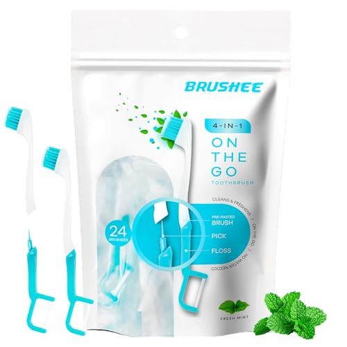 Brushee - The Evolution of Oral Care | 4-in-1 Tool (Paste + Brush + Floss + Pick) | Individually Wrapped | Disposable | Prepasted Travel Toothbrushes