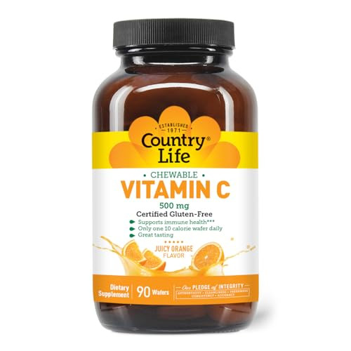 Country Life Vitamin C 500g High Potency - 90 Chewable Tablets, Immune Support - Vegan, Non-GMO, 90 Day Supply