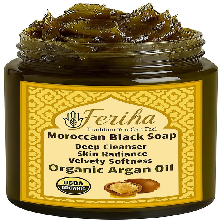 FERIHA Premium Moroccan Black Soap with Organic Argan Oil, 100% Authentic, Artisan Beldi Soap - Sourced, Crafted & Packed in Morocco - Traditional Ha