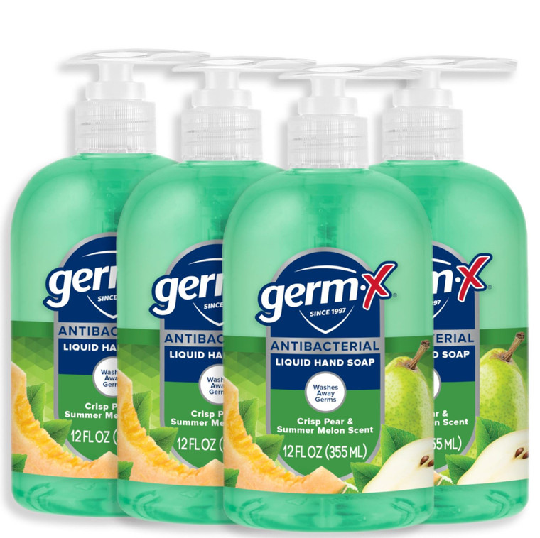 Germ-X Antibacterial Hand Soap, 12 Oz (Pack 4), Moisturizing Liquid Hand Wash for Kitchen or Bathroom, pH Balanced & Dermatologist Tested, Crisp Pear
