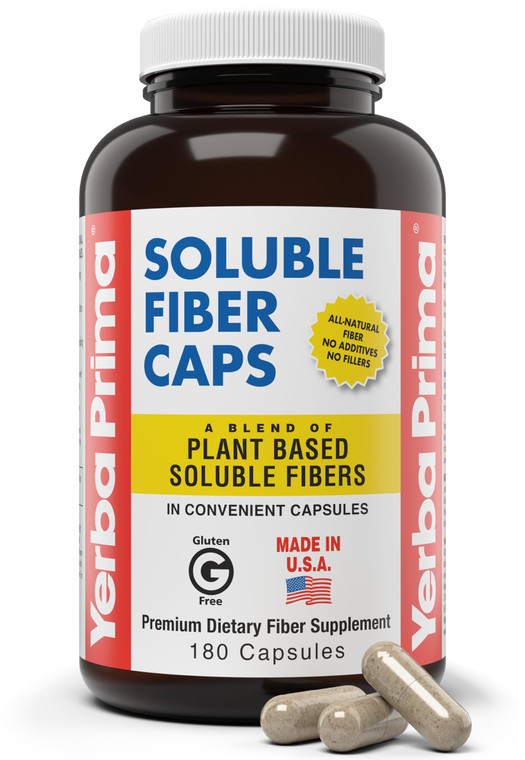 Yerba Prima Soluble Fiber Formula Capsules, 180 Count - Premium Dietary Fiber Supplement, Natural, Concentrated Soluble Fiber, Gluten Free, Non-GMO,