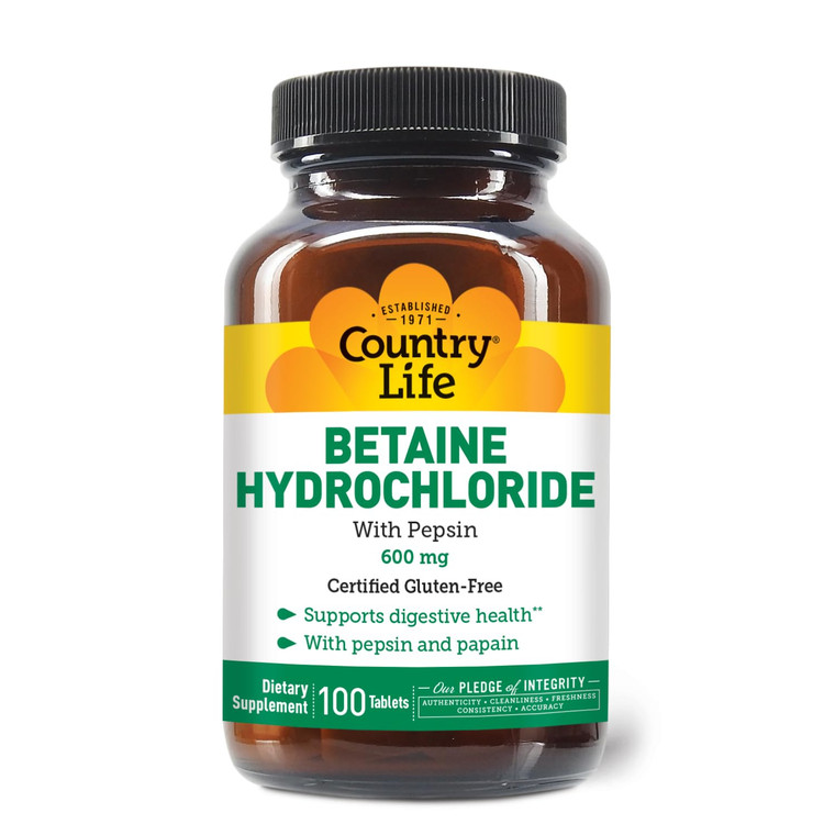Country Life Betaine Hydrochloride with Pepsin, 600mg, 100 Tablets, Certified Gluten Free
