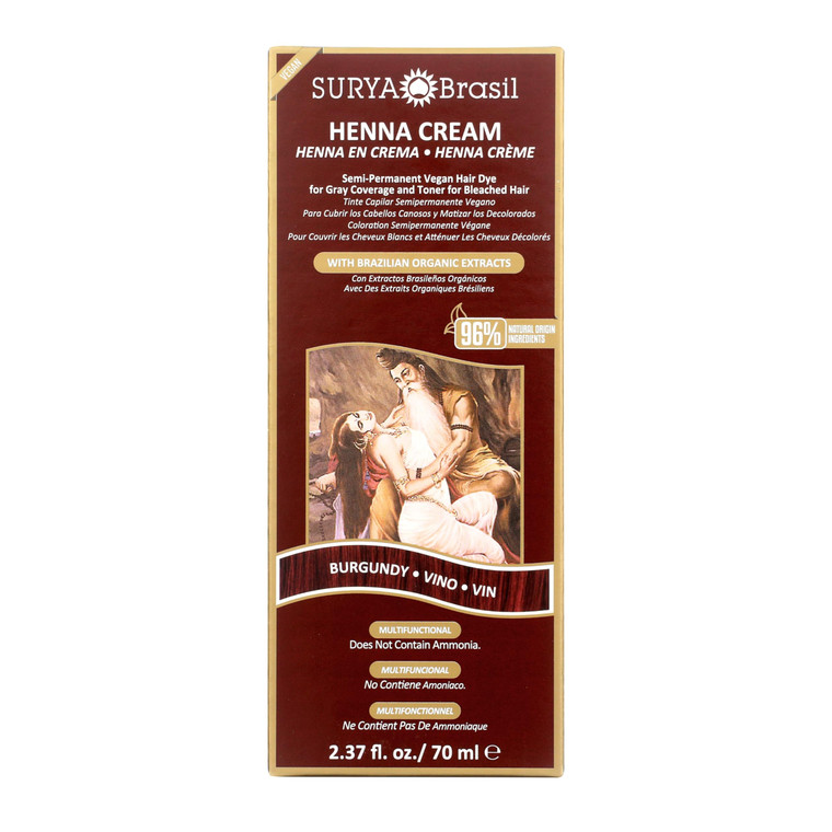 Surya Brasil Henna Cream Burgundy - 96% Natural Ingredients, Vegan, Cruelty-Free, Eco-Friendly, Semi-Permanent Hair Color, Deep Hydration & Shine, 2.