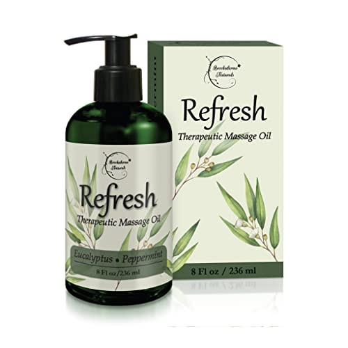 Refresh Massage Oil for Massage Therapy with Eucalyptus & Peppermint Essential Oils - All Natural Sore Muscle Relief. Ideal for Full Body Relaxation