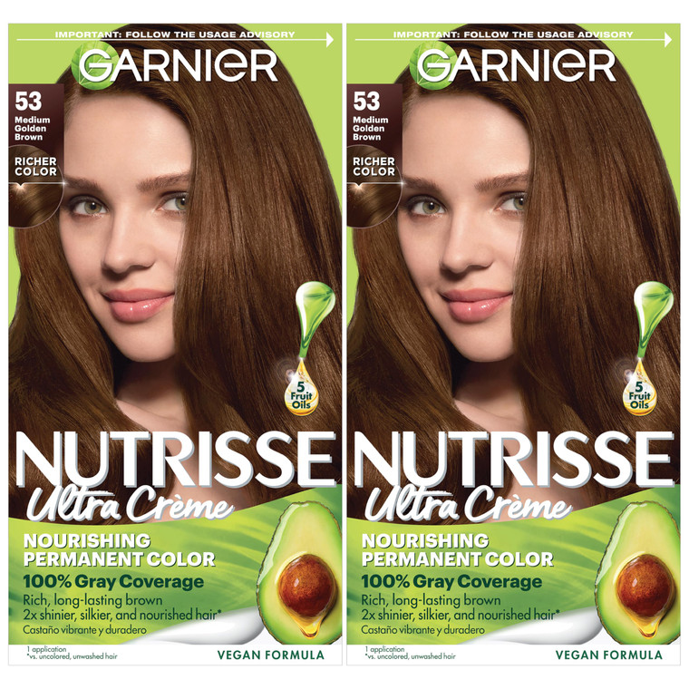 Garnier Nutrisse Ultra Crème Hair Color, Permanent Hair Dye with 100% Gray Coverage, Vegan & Cruelty-Free, 53 Medium Golden Brown (Chestnut), 2 Count