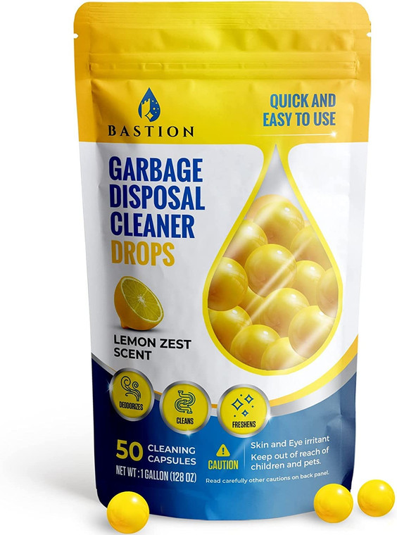 Bastion Garbage Disposal Cleaner and Deodorizer Drops- [[50-Count]] Lemon Zest Scented Kitchen Sink Freshener Pods & Drain Odor Eliminator Disposer C