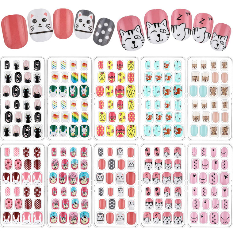 240 Pieces Children False Nails Kids Girls Press on Short Artificial Fake Nails Cute Pre Glue Full Cover Acrylic Nail Tip Kit for Children Little Gir