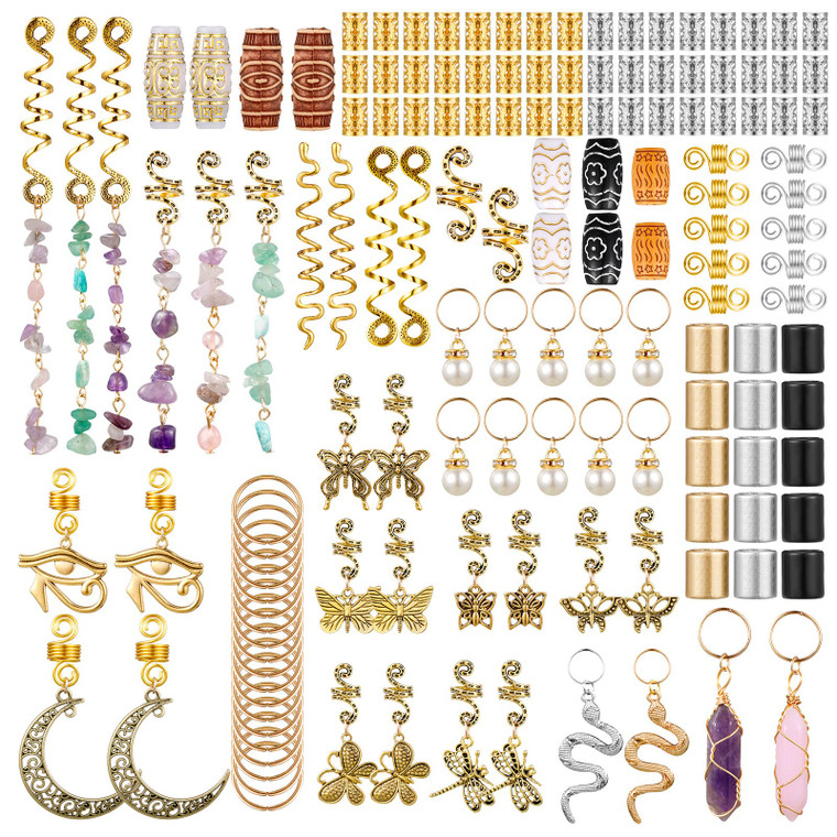 139 Pieces Dreadlock Jewelry Crystal Loc Adornment Hair Wire Wrapped Braid Accessories Assorted Imitation Wood Beads Hair Cuffs Hair Rings Hair Penda