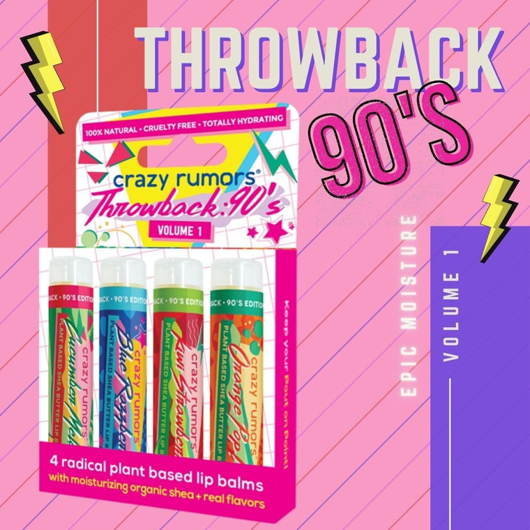 Crazy Rumors Throwback 90's Mix Lip Balm 4-Pack Mix (Cucumber Melon, Blue Razzberry, Kiwi Strawberry, Orange Pop!) 100% Natural, Vegan, Plant-Based,