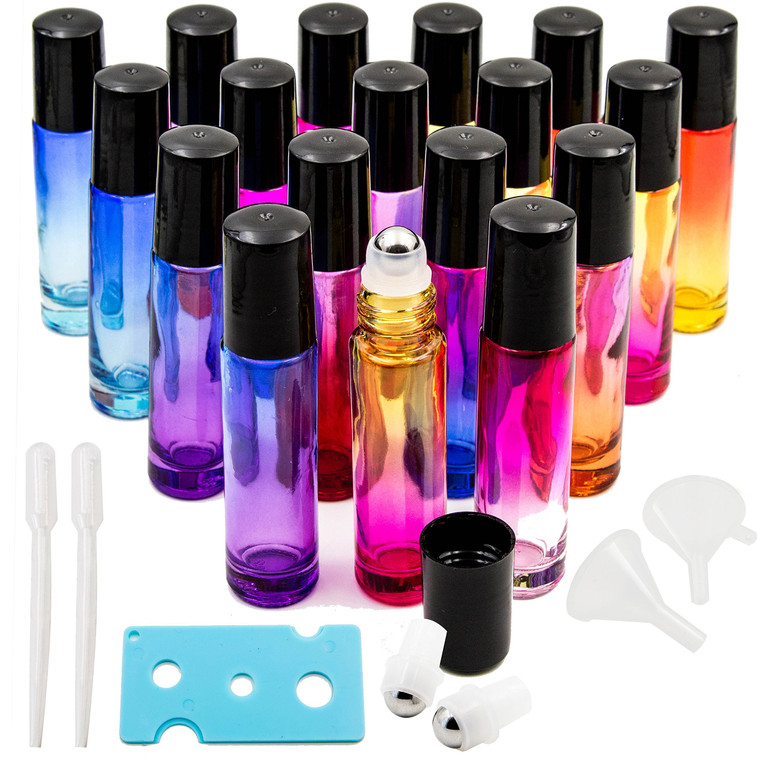 Youngever 18 Pack Rainbow Color Essential Oil Roller Bottles with Stainless Steel Roller Balls in 9 Colors, Opener, 2 Clear Transfer Pipettes, 2 Mini