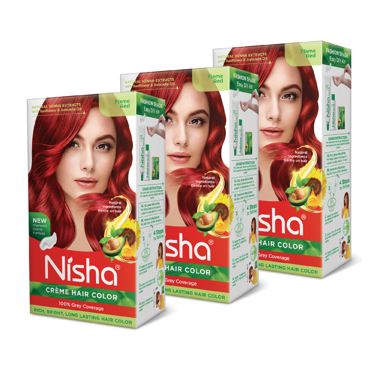 Nisha Creme Hair Color Flame Red Hair Dye Permanent Red Hair Colour 5.07 fl oz, Pack of 3