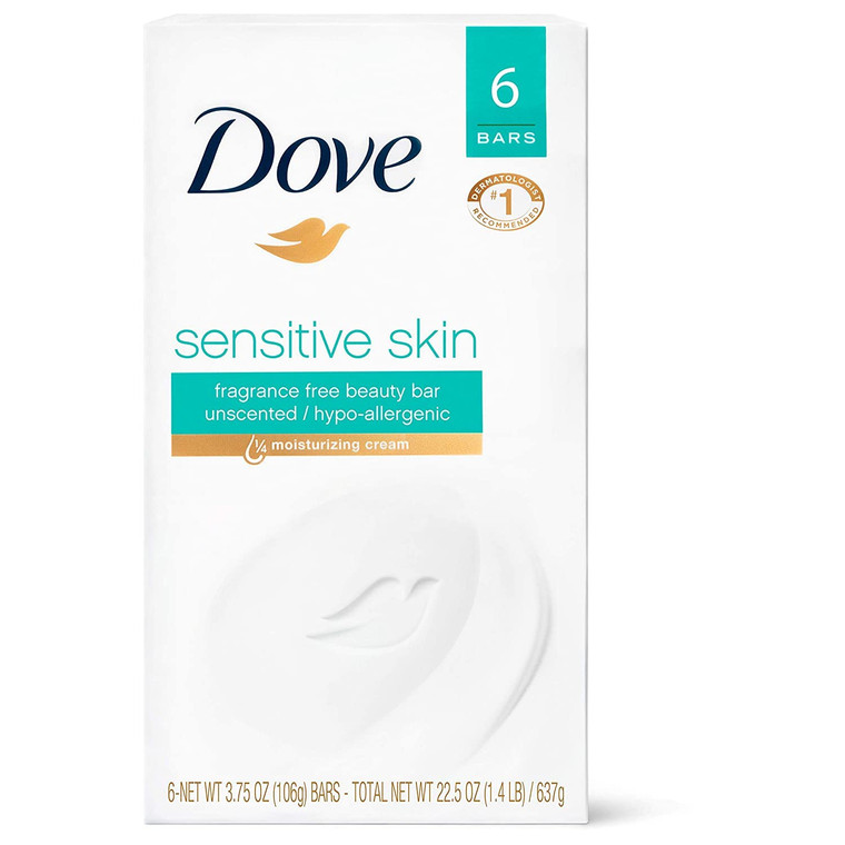 Dove Bath Bars, Sensitive Skin, Unscented 6-4 oz (113 g) bars [24 oz (1.5 lb) 678 g] (Packaging may vary)
