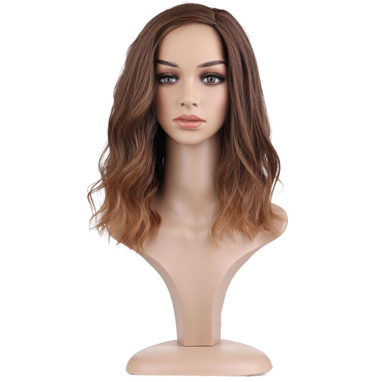 BERON Brown Ombre Short Wigs for Women Girls Sholder Length Curly Wavy Wig 14" Rose Net with Wig Cap