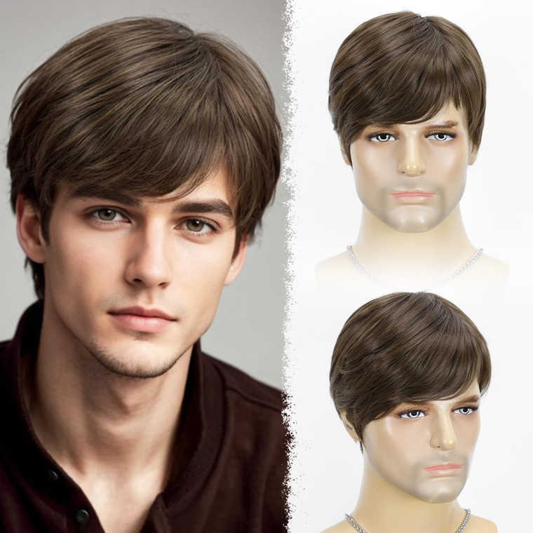 YYHR Mens Short Brown Wig Realistic Natural Male Side Part Wig Synthetic Heat Resistant Natural Halloween Cosplay Hair