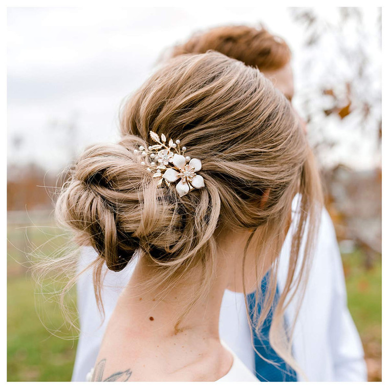 SWEETV Gold Bridal Hair Clip,Floral Bridal Hair Comb Barrette Flower Hair pieces for Brides Wedding