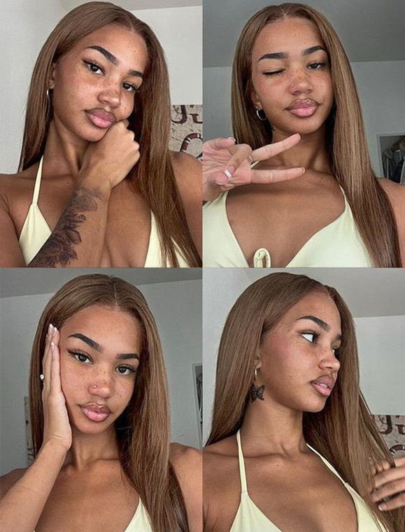 vedar Brown Wigs for Women, Synthetic Hair Glueless Black Ombre Brown Lace Front Wig, Natural Straight Daily Soft Lace Wigs with Middle Part 22 inch