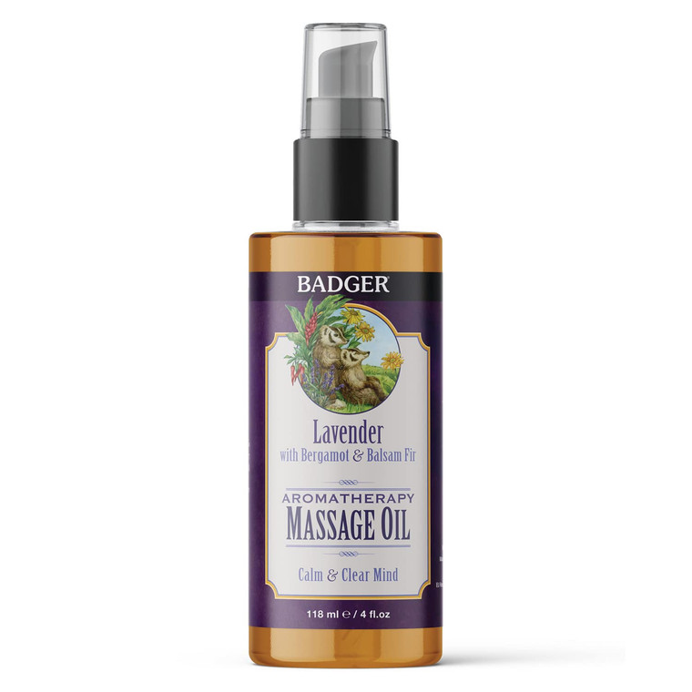 Badger Lavender Massage Oil, 100% Organic Massage Oil, Relaxing & Moisturizing Pure Aromatherapy Oils of Lavender, Bergamot & Balsam Fir, 4 fl oz Gla