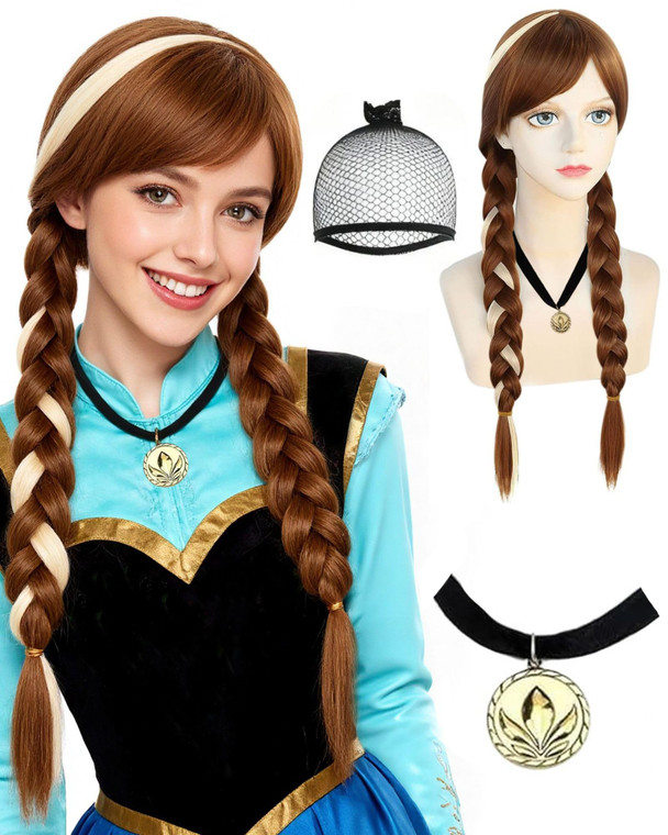 ANOGOL Wig Cap+ Brown Wig for Princess Long Braided Wig with Bangs Straight Cosplay Wig for Women Party Halloween Costume Wig