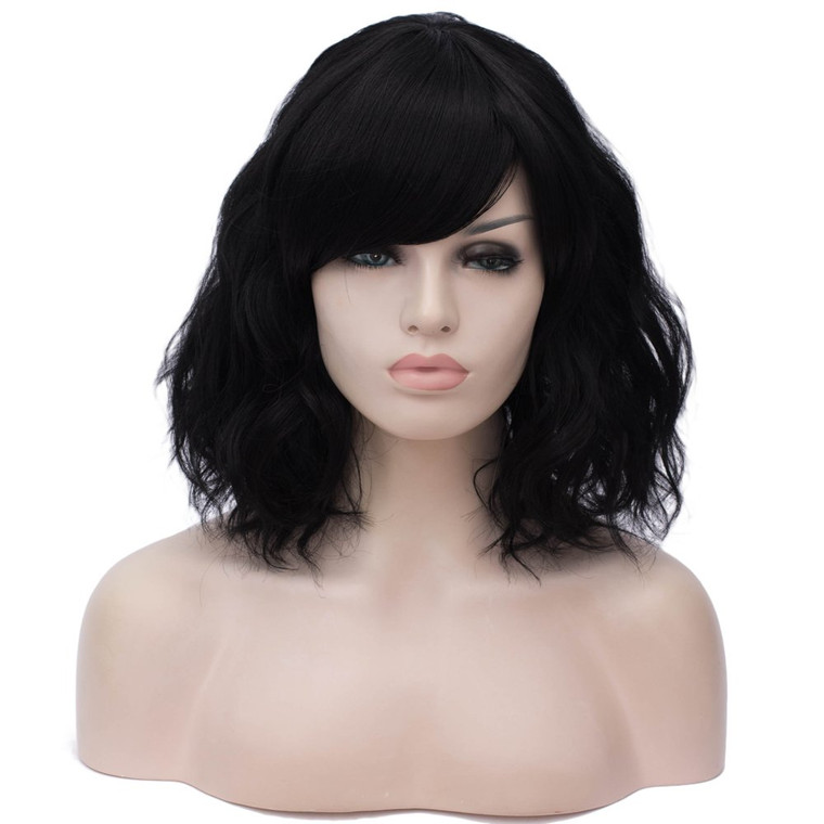 BUFASHION 14" Women Short Wavy Curly Wig Multi-Colored Bob Wig Cosplay Halloween Synthetic Wigs With Neat Bang Wigs With Free Wigs Cap(Multi-Colored