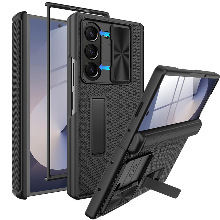 Miimall Phone Case for Samsung Galaxy Z Fold 6 with Slide Camera Cover, Hinge Protection, Built-in Screen Protector, Adjustable Kickstand, Slim Full