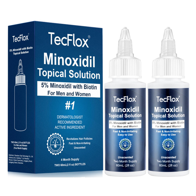 TecFlox 5% Minoxidil with Biotin for Men & Women, Beard Growth Oil, Hair Growth Serum, Unisex, 2-Pack, Total 4 fl oz for 4 Months
