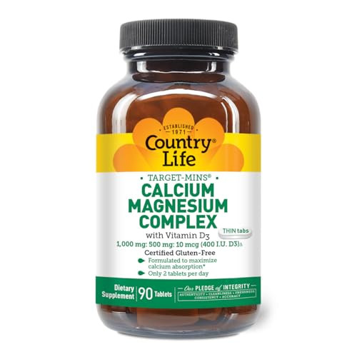 Country Life Target-Mins Calcium Magnesium with Vitamin D-Complex, 1000mg/500mg/10mcg, 90 Tablets, Certified Gluten Free, Certified Vegetarian