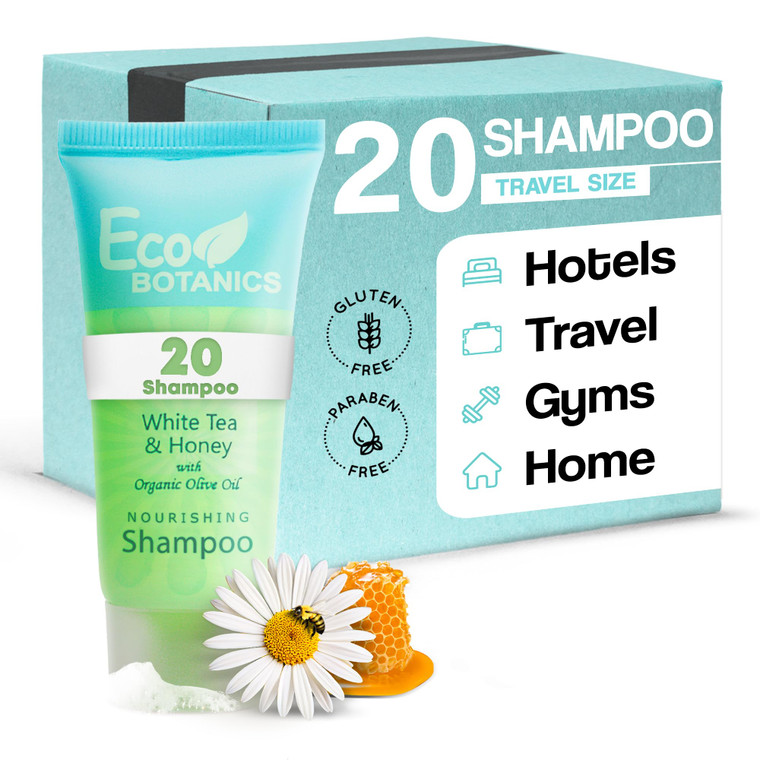 Eco Botanics Travel Size Hotel Shampoo 20 Count 0.85 oz Bottles Guest Amenities for Vacation Rentals and Short Term Rentals Paraben Free White Tea Sc