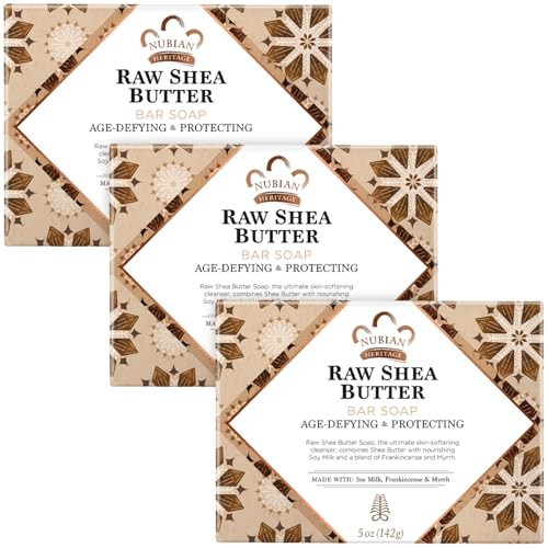 Nubian Heritage Bar Soap 3-Pack, Raw Shea Butter  Age-Defying & Protecting Body Soap Bars with Soy Milk, Frankincense and Myrrh, 5 Oz Ea
