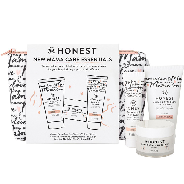 The Honest Company New Mama Care Essentials Gift Set, Hospital Bag Must Haves, Travel Size Nip Balm (0.5 oz) Glow On Body Cream (1 Gotta Face Wash (1