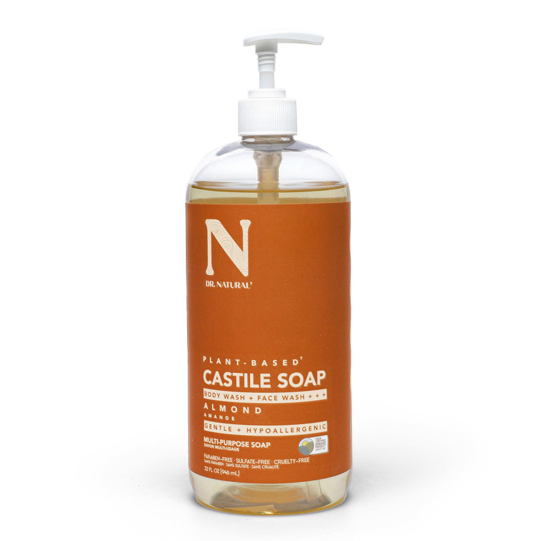 Dr. Natural Castile Liquid Soap - Multi-Use Body Wash, Shampoo and Face Wash - Hydrating Body Soap for Skin, Hair, Pets and Home - Almond - 32 oz.